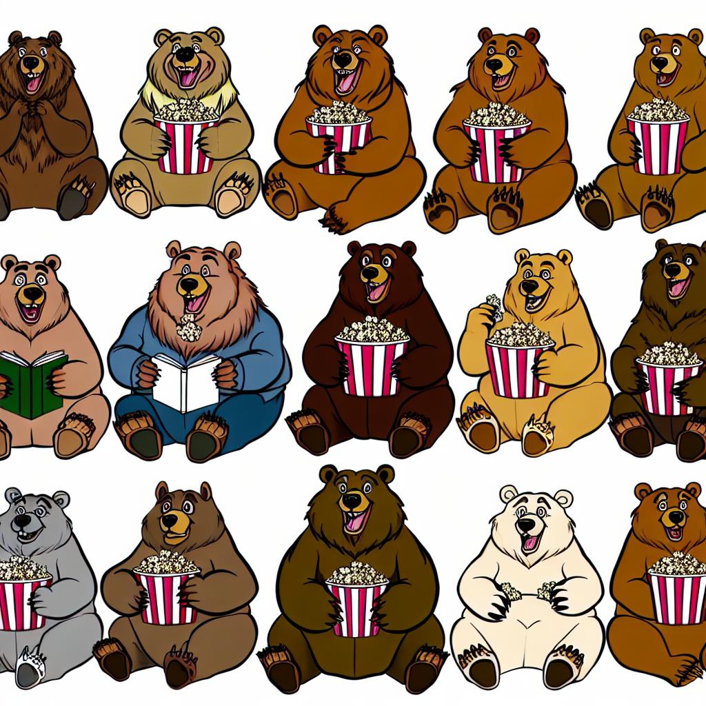 "A collage of cartoon bears from movies, TV, and books, holding popcorn and books."