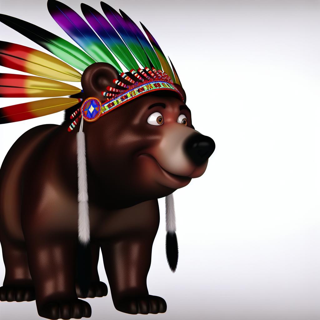 "A cartoon bear in a Native American headdress, symbolizing cultural importance."