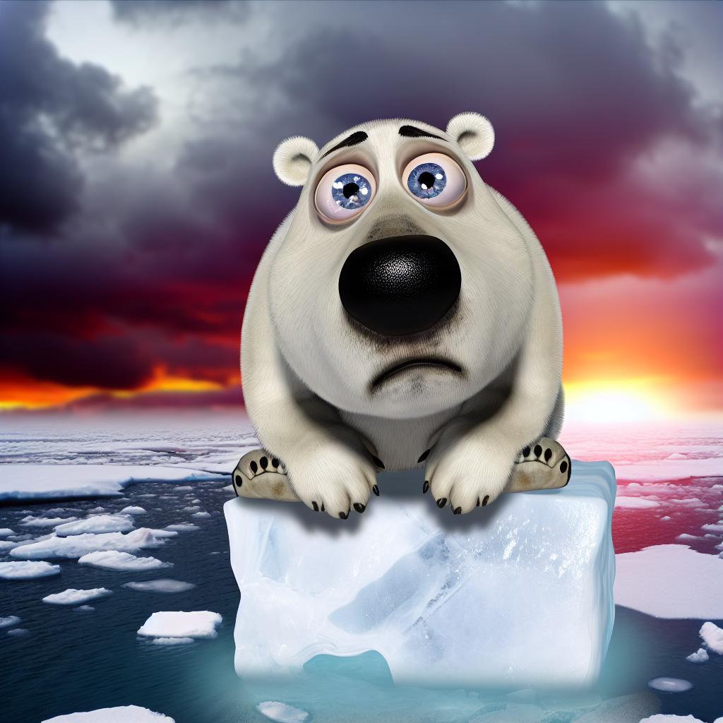 "A sad cartoon polar bear on melting ice to depict climate change."