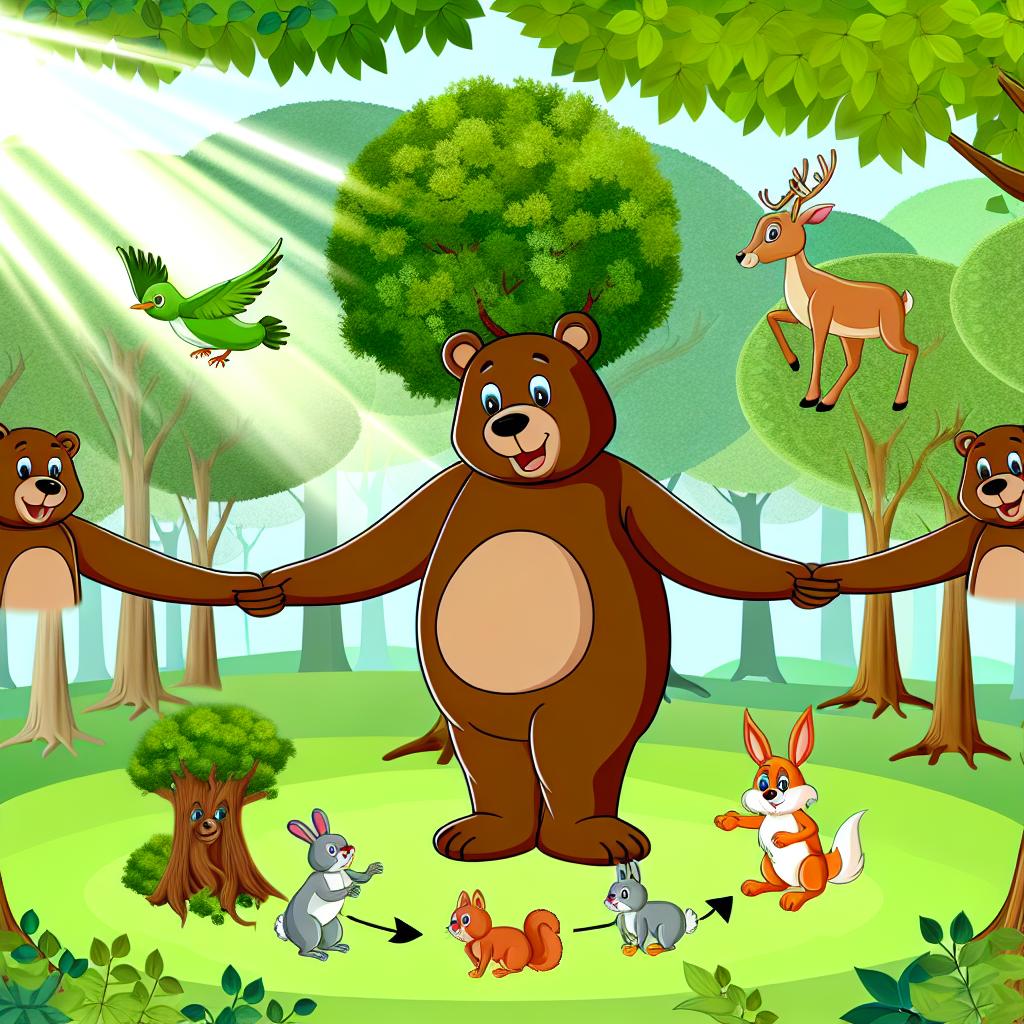 "Cartoon bears holding hands with trees and animals, showing their role in ecosystems."