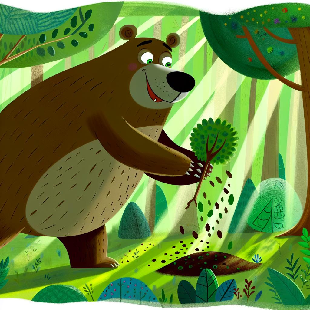 "A cartoon bear planting trees and spreading seeds in a vibrant forest."