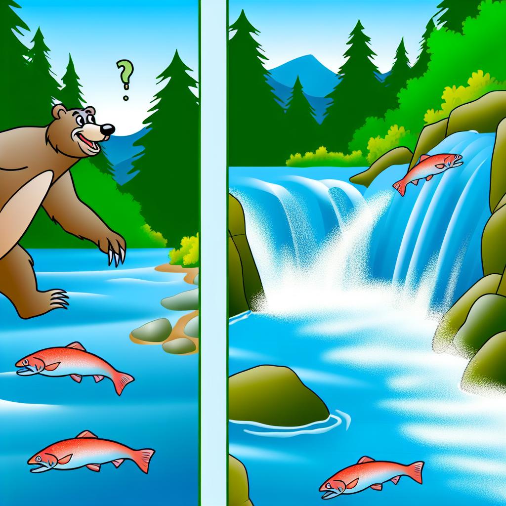 "A river scene with a cartoon bear catching salmon as fish jump around."