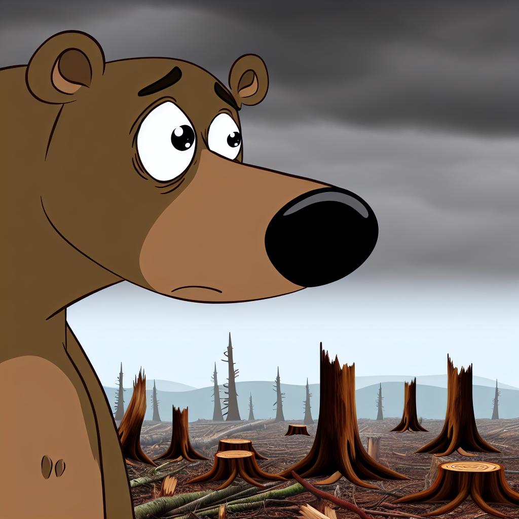 "A sad cartoon bear looking at chopped trees in a deforested area."