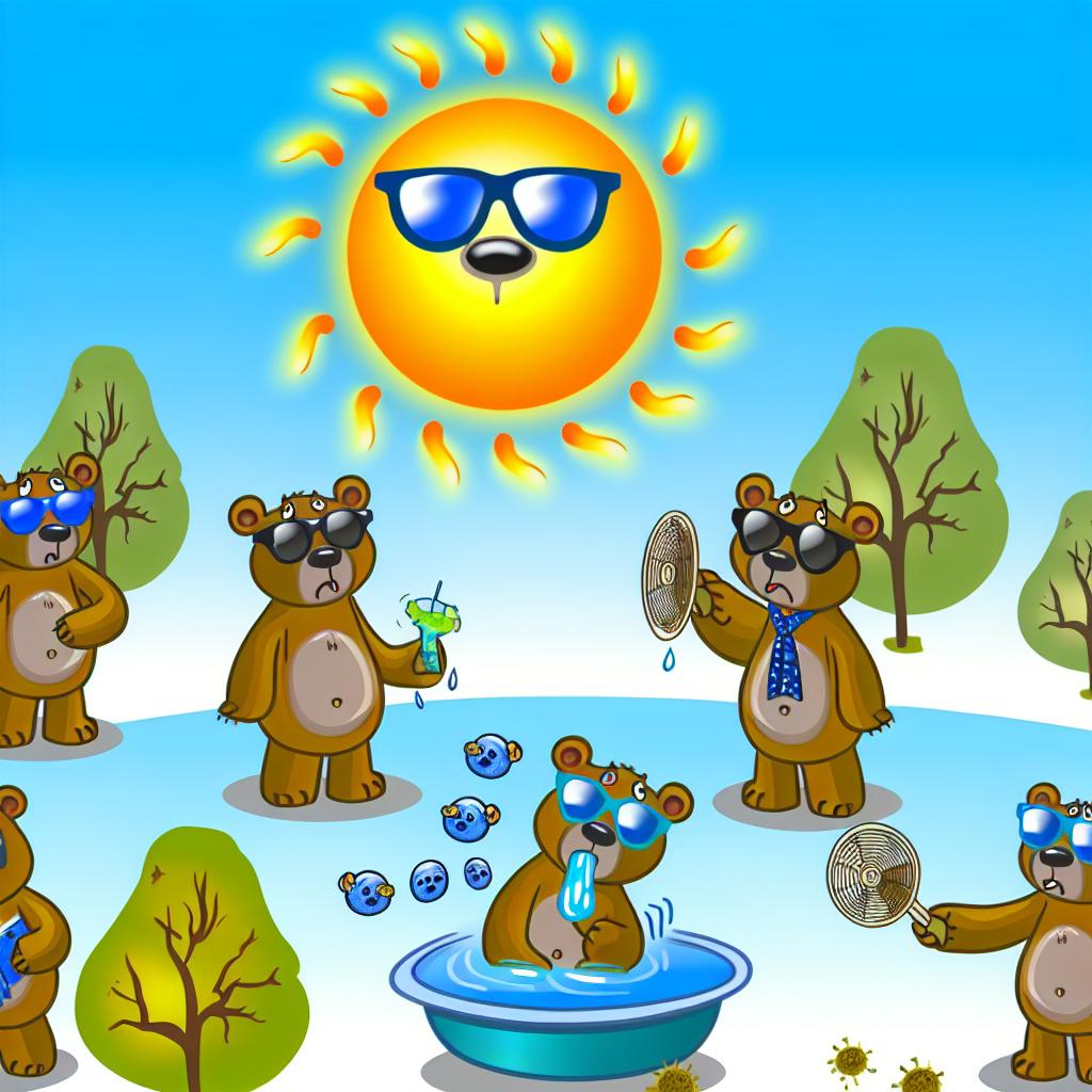 "A group of cartoon bears wearing sunglasses, dealing with a hotter climate."