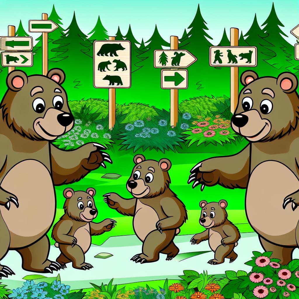 "A cartoon bear family crossing a wildlife corridor with road signs in the background."