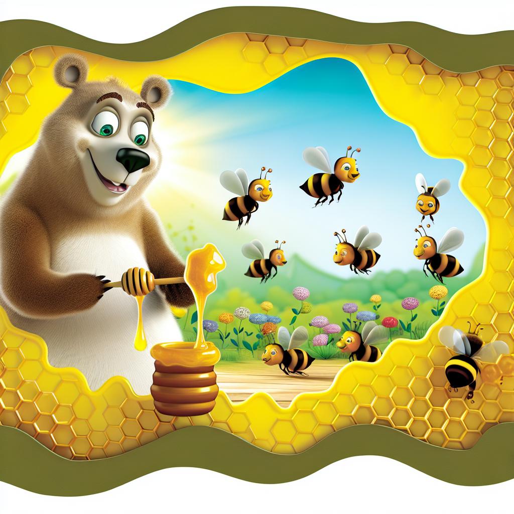 "A cartoon bear and bees working together, with honeycomb patterns around."