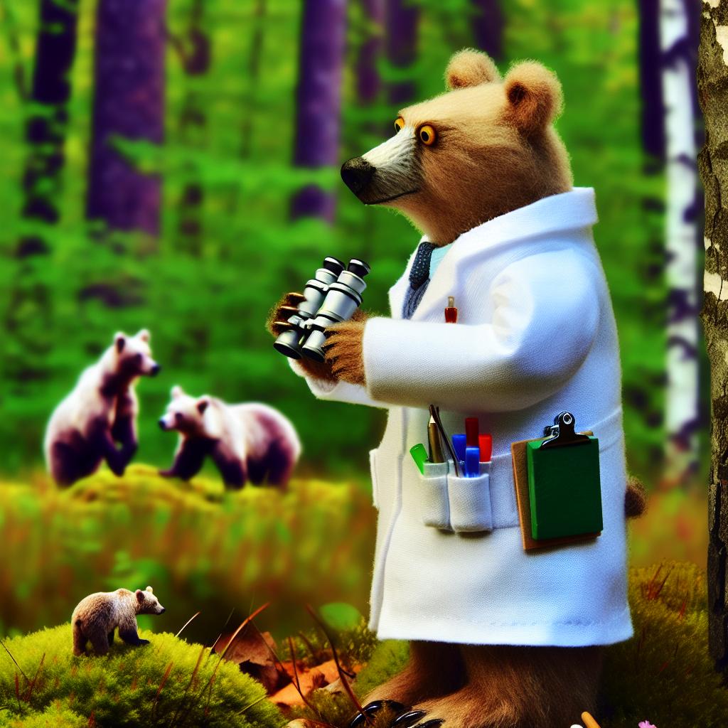 "A scientist cartoon bear monitoring other bears with binoculars and gadgets."