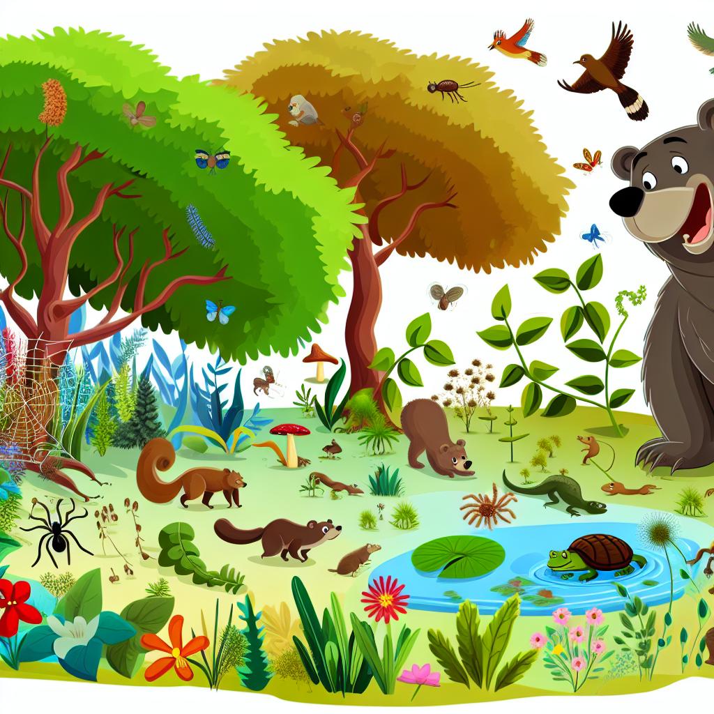 "A cartoon bear surrounded by different plants and animals, showcasing biodiversity."