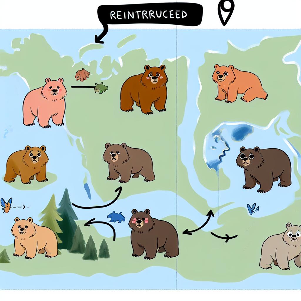 "A map illustration of cartoon bears being reintroduced to different areas."