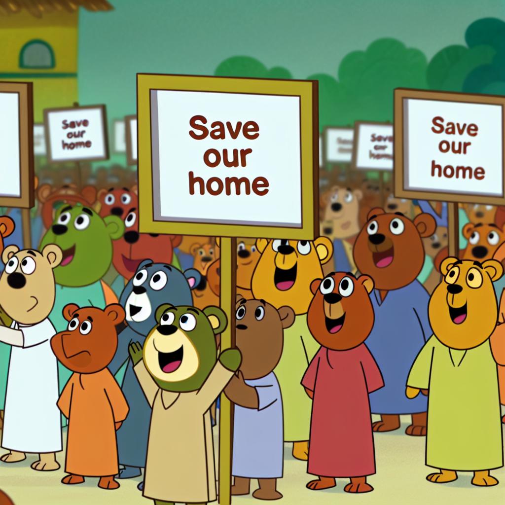 "Cartoon bears holding protest signs that say ‘Save Our Home’ in a lively rally."