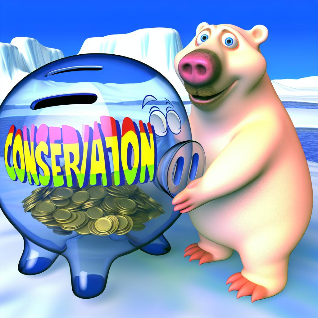 "A cartoon polar bear with a piggy bank for donations to conservation."