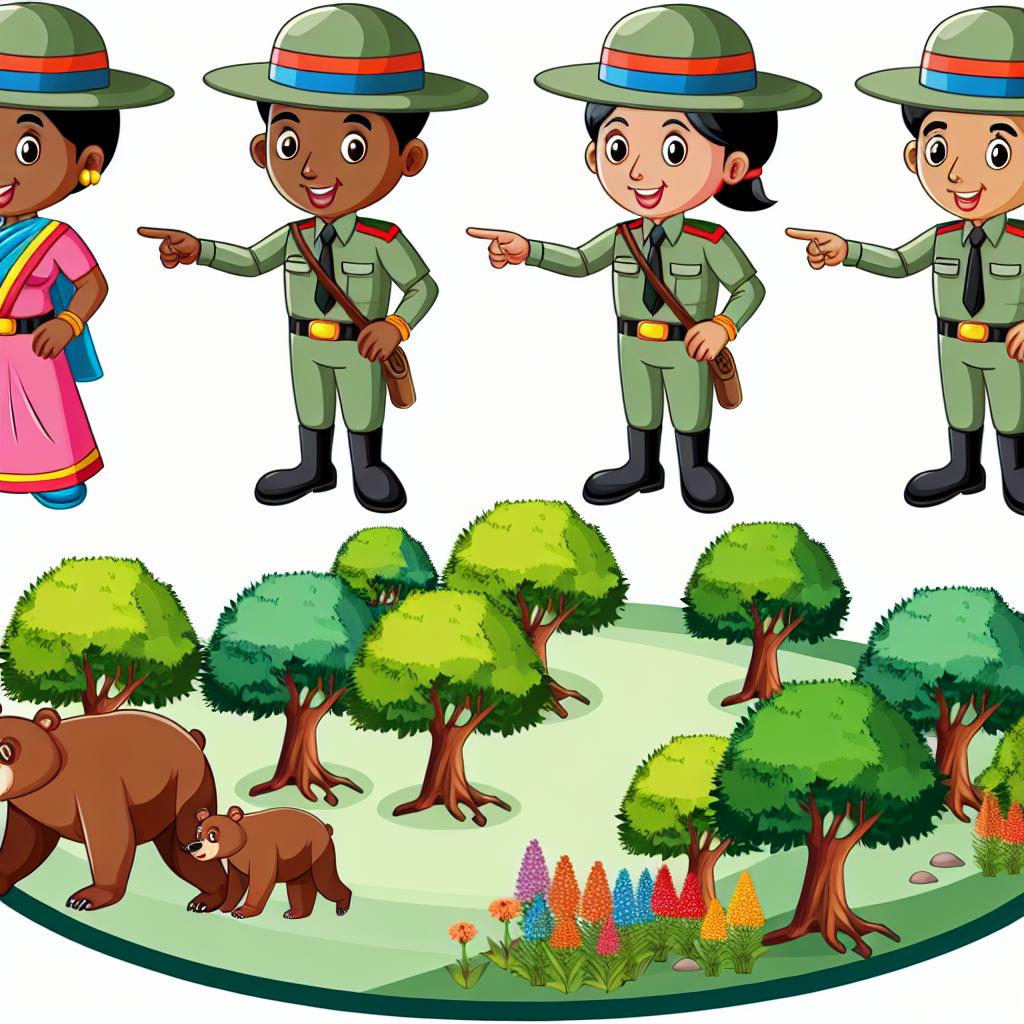 "Cartoon rangers protecting a forest with cartoon bears roaming safely."