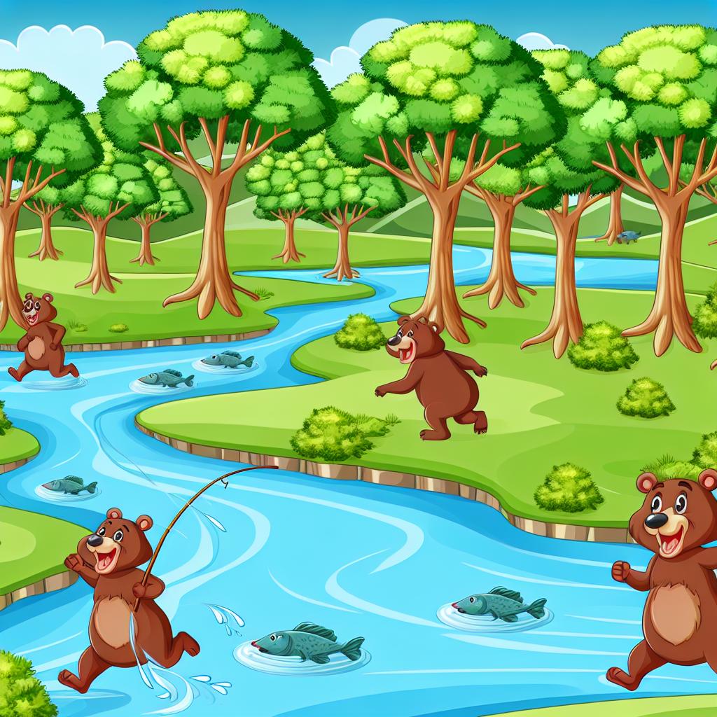 "Cartoon bears enjoying life in a sanctuary, surrounded by happy trees and streams."