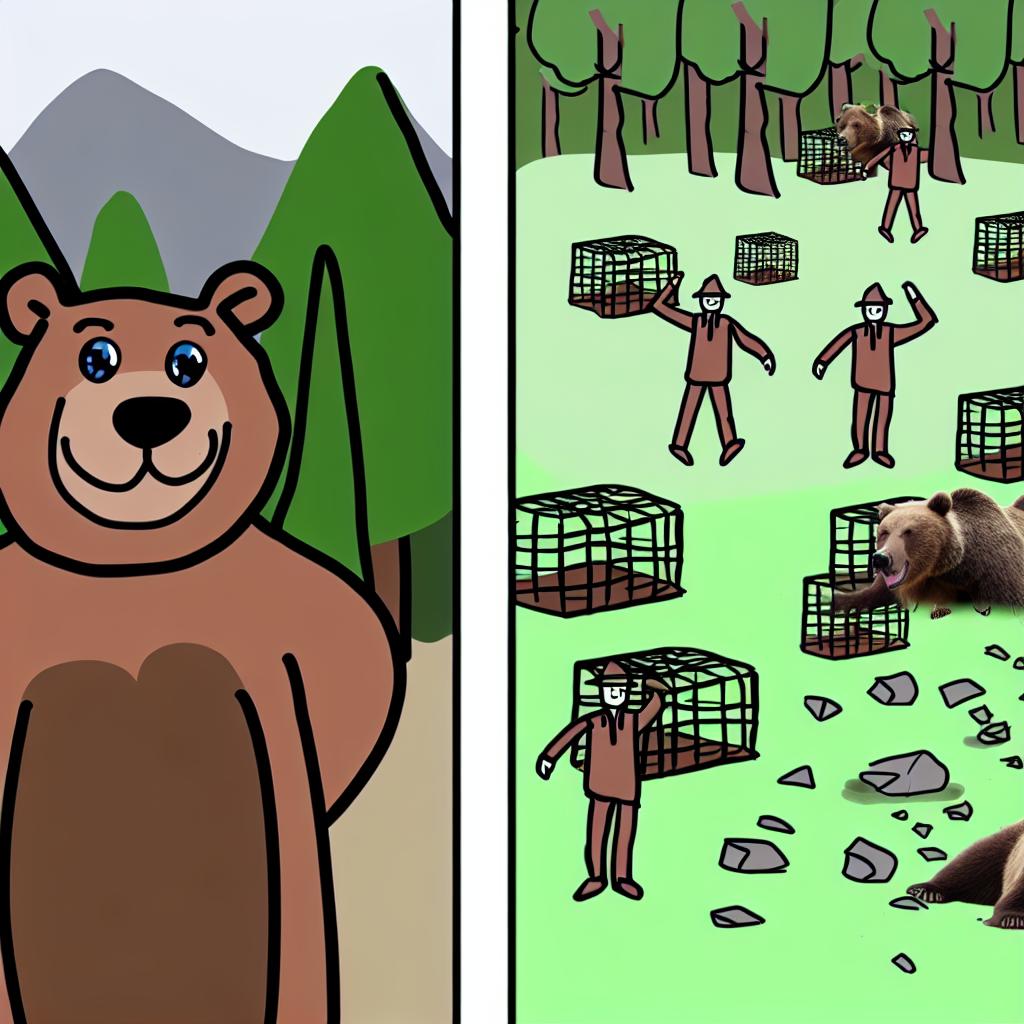 "A cartoon bear escaping from poachers with broken cages in the background."