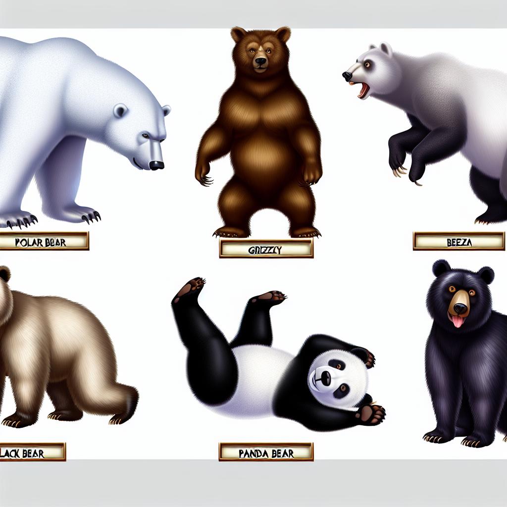 "A cartoon bear species chart showing different bears like polar bear, grizzly, panda, and black bear in fun poses."