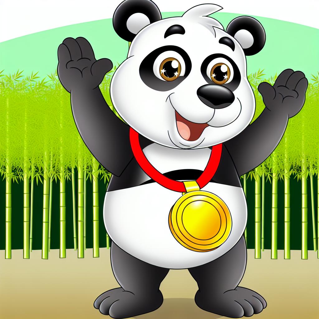 "A panda cartoon with a medal celebrating successful conservation."