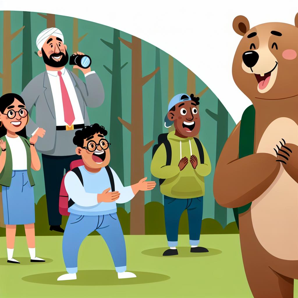 "A cartoon bear enjoying ecotourism with smiling tourists observing from afar."