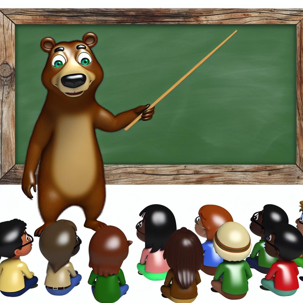 "A cartoon bear teaching kids about conservation with a pointer and chalkboard."