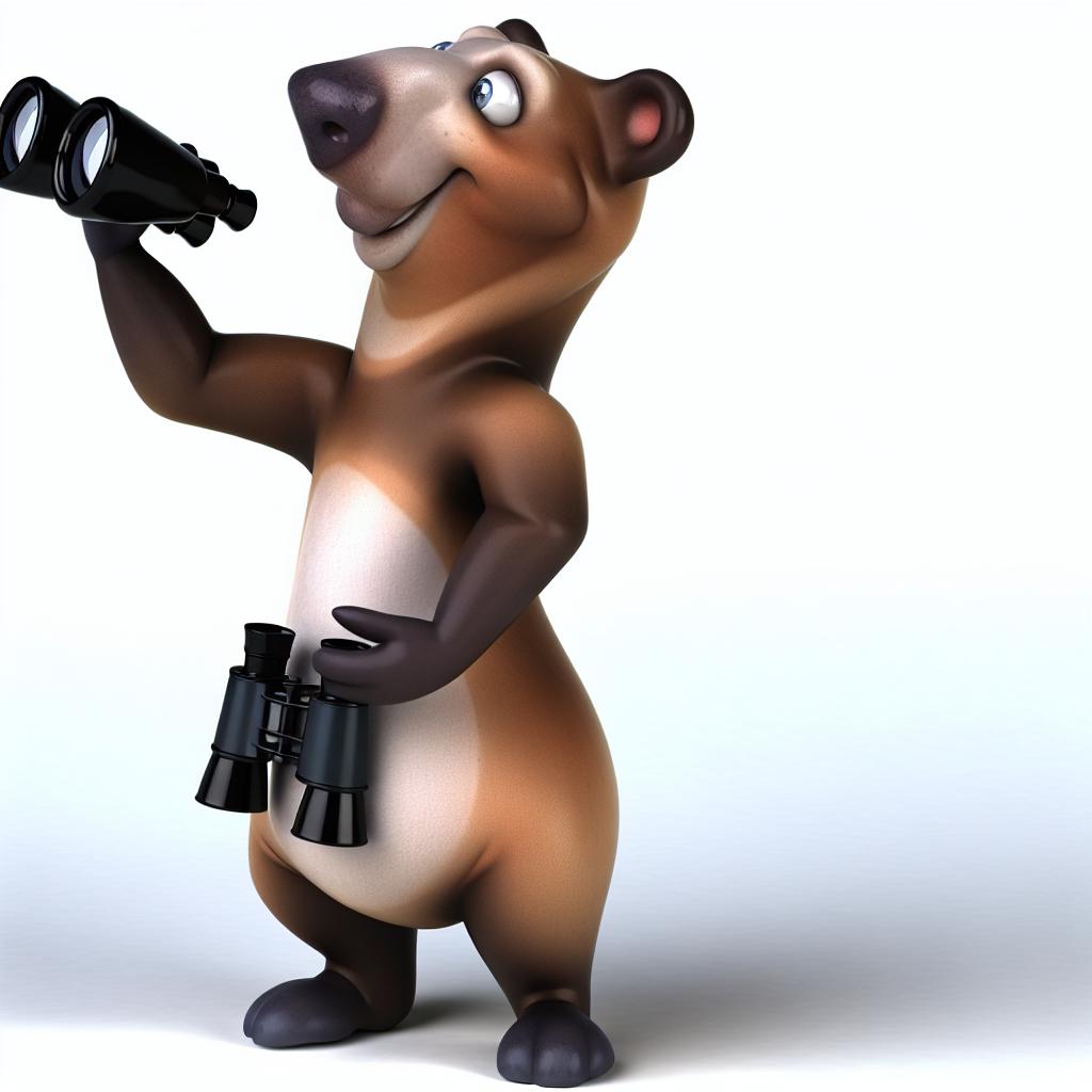 "A curious cartoon bear standing on its hind legs, holding binoculars."