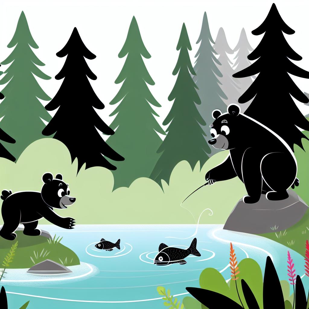 "A mother cartoon bear teaching her cub to fish in a playful river scene."