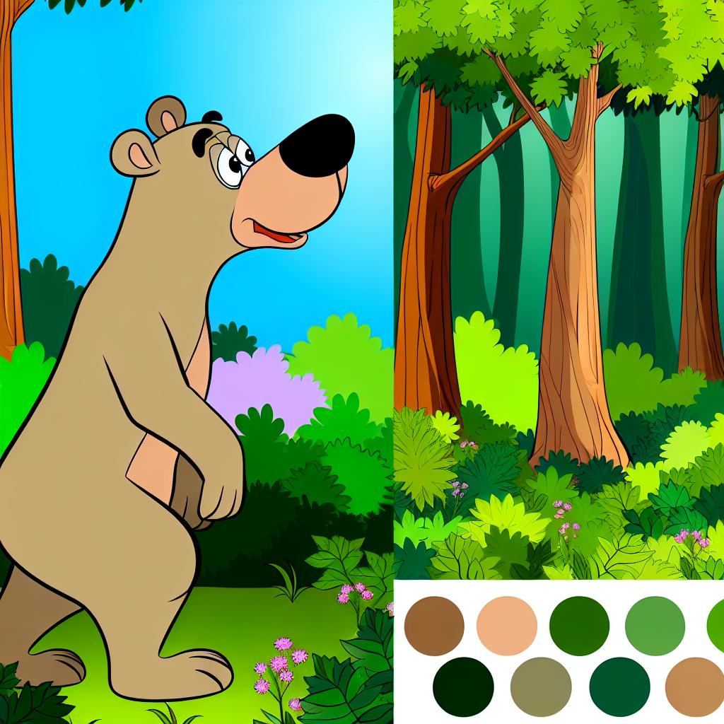 "A cartoon bear sniffing the air with a vibrant forest background."