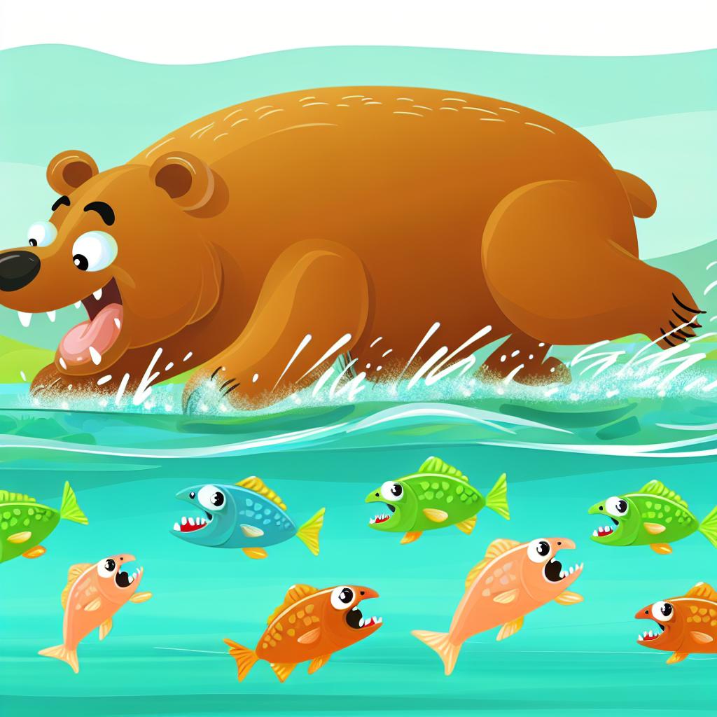 "A cartoon bear swimming across a river, with fish cheering it on."