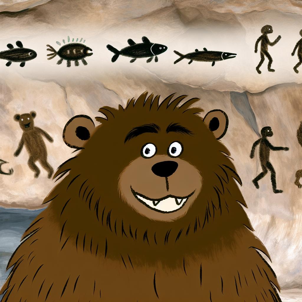 "A prehistoric cartoon bear with cave drawings in the background, showing evolution."