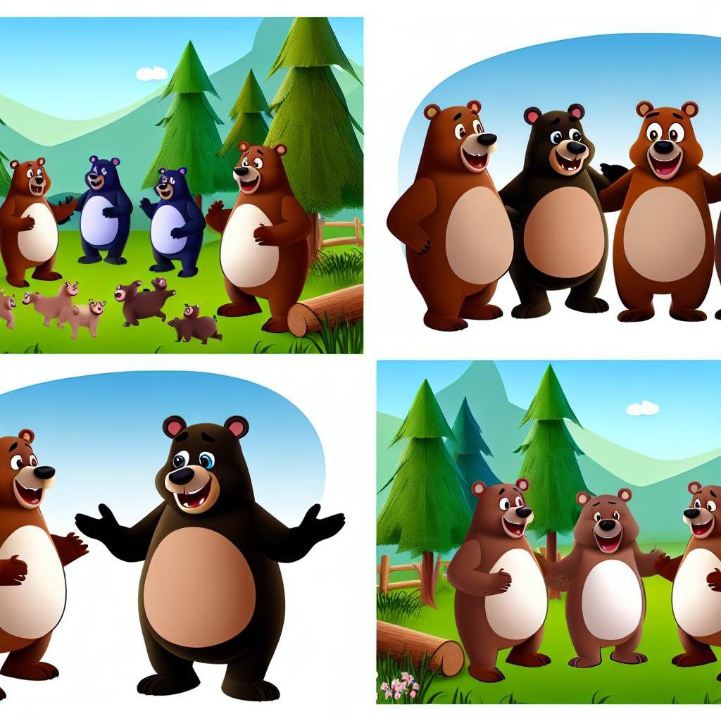 "Cartoon bears forming a playful community, interacting with each other."