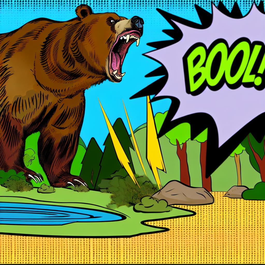 "A cartoon bear growling to defend its territory, with comic-style effects."