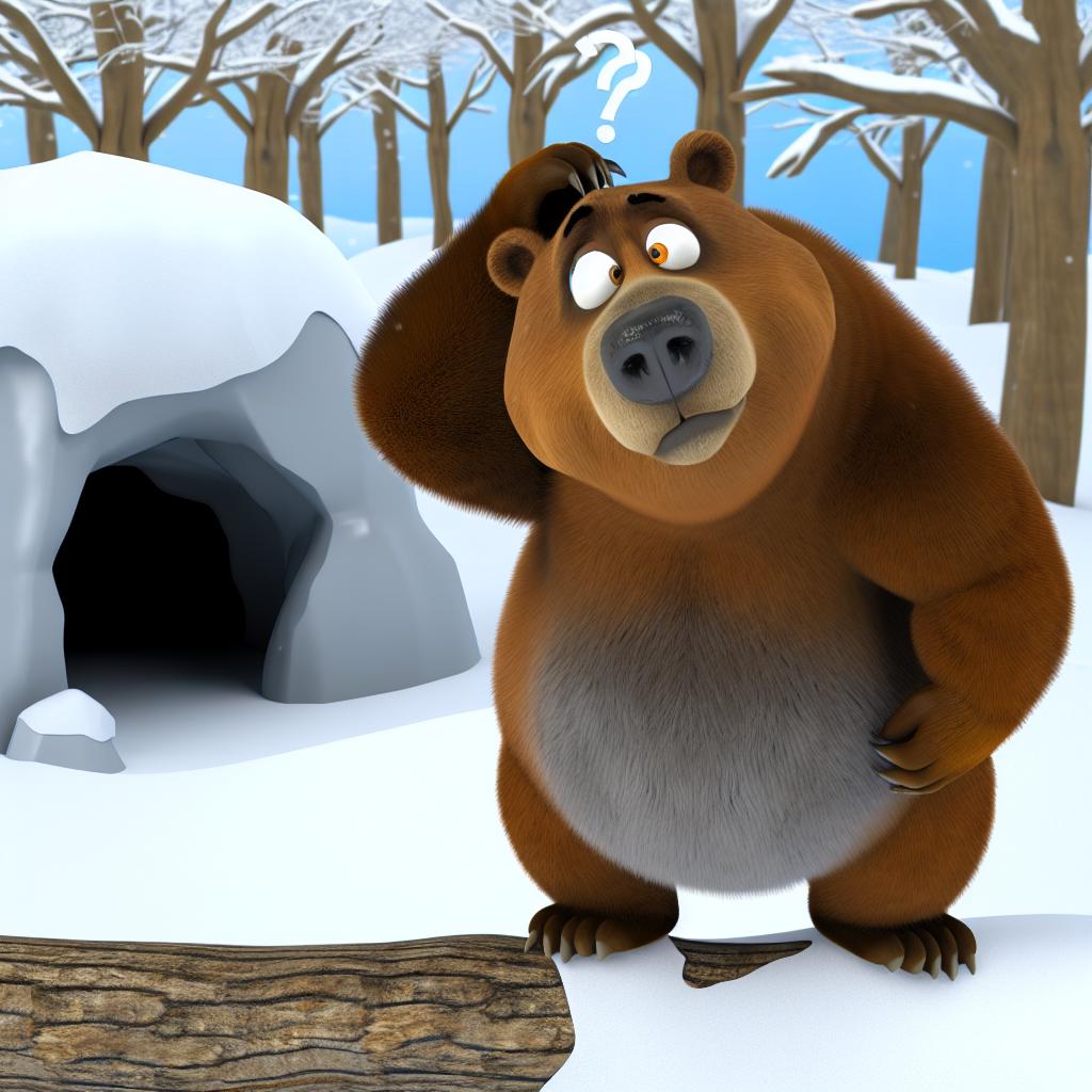 "A confused cartoon bear during winter, trying to figure out hibernation."