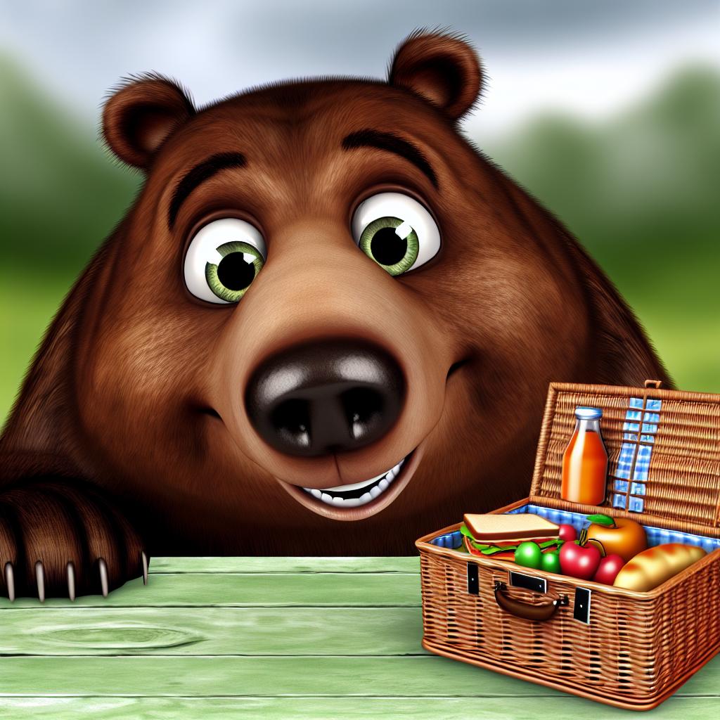 "A curious cartoon bear peeking inside a picnic basket with wide eyes."