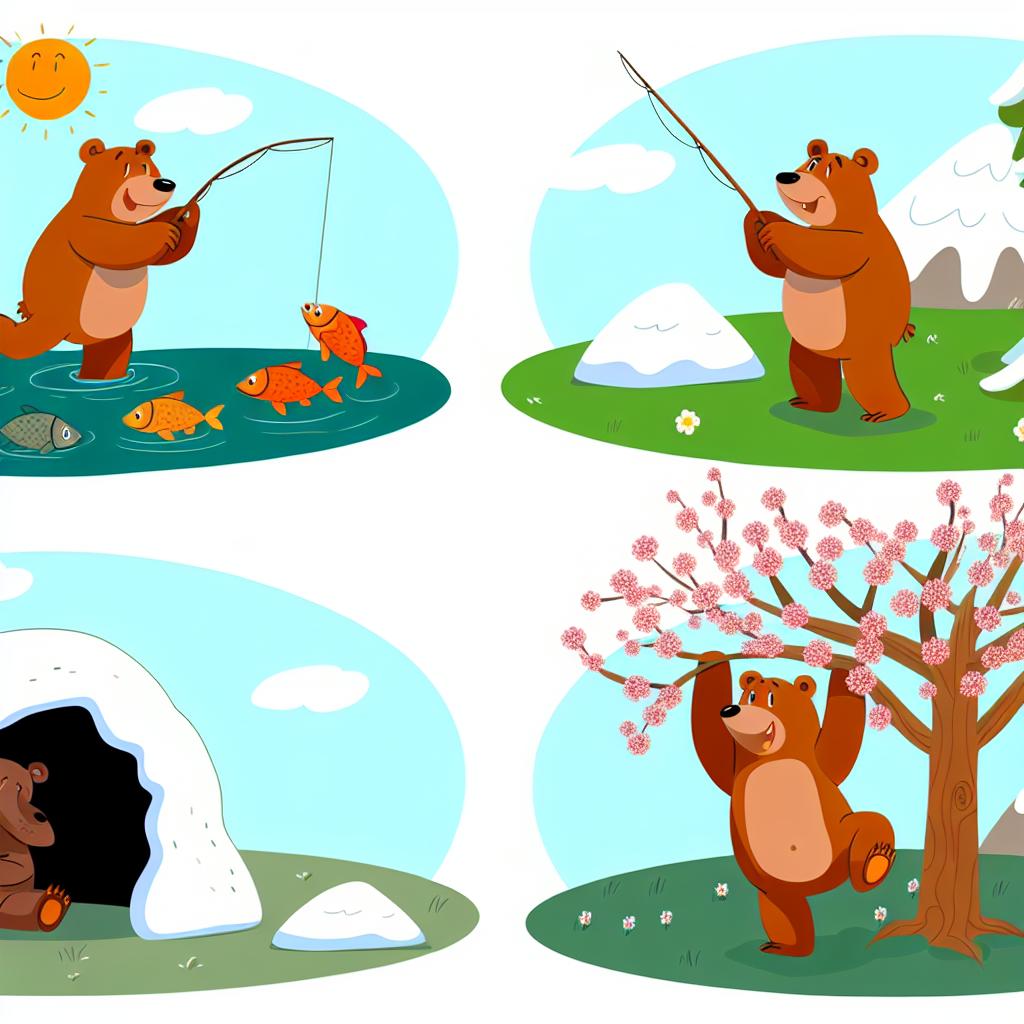 "Cartoon bears doing seasonal activities: fishing, hibernating, and climbing trees."