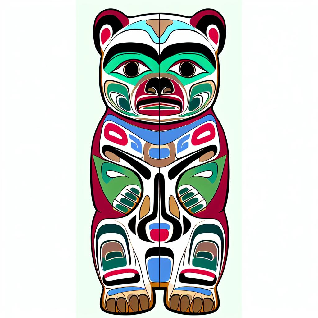 "A mythical cartoon bear in a Native American totem pole style."