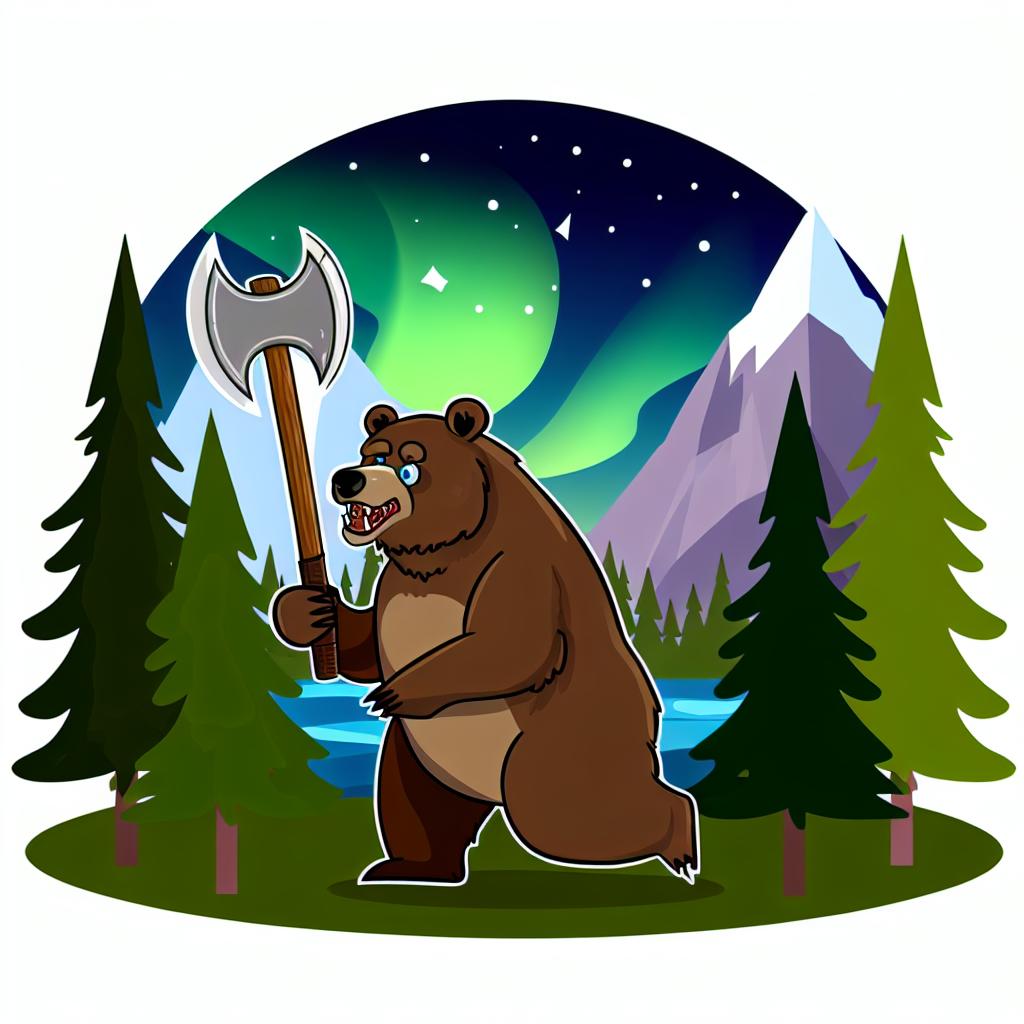 "A cartoon bear holding a Viking axe in a Norse mythology setting."