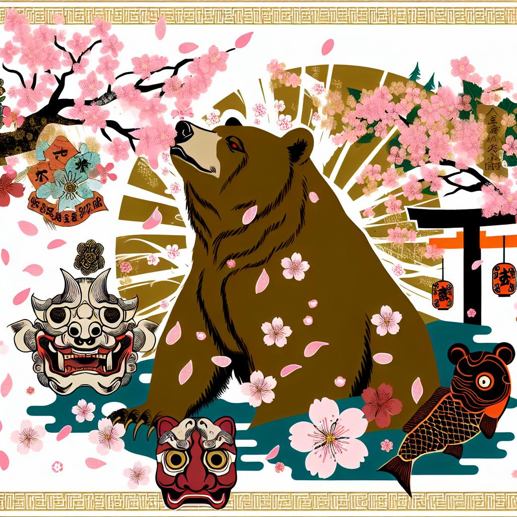 "A Japanese-style cartoon bear surrounded by cherry blossoms and folklore elements."