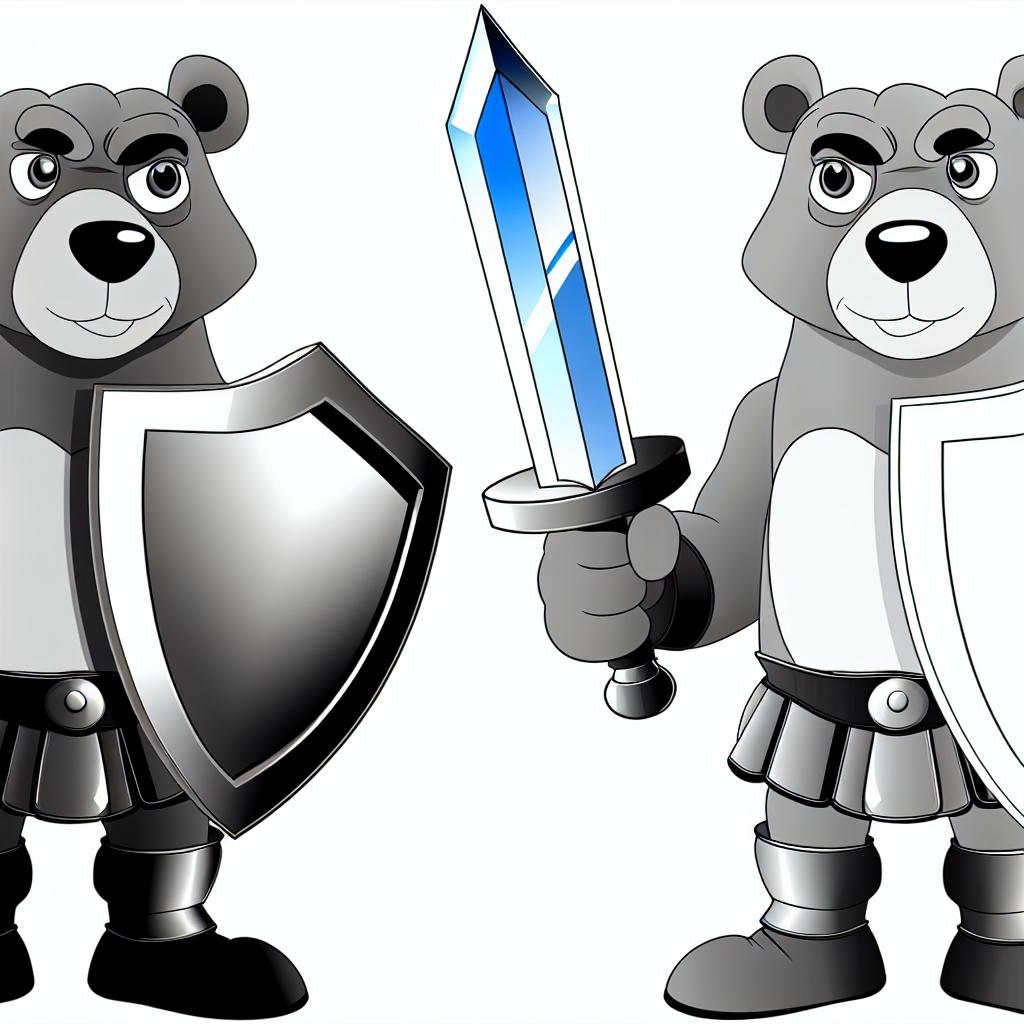 "A heroic cartoon bear standing proudly with a shield and sword."