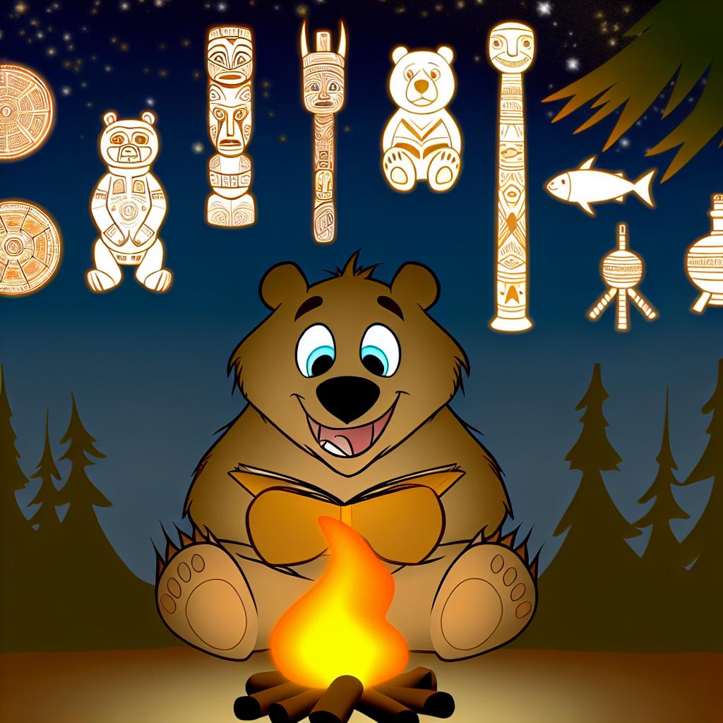 "A cartoon bear retelling famous global bear legends around a campfire."