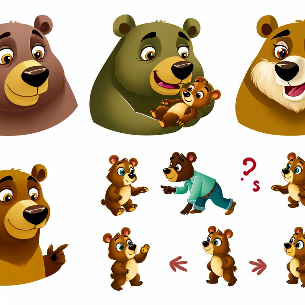 "A cartoon bear family with a baby cub growing up through different life stages."