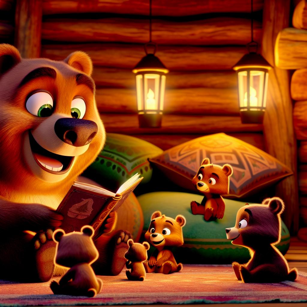 "A cheerful cartoon bear reading fairy tales to cubs in a cozy setting."