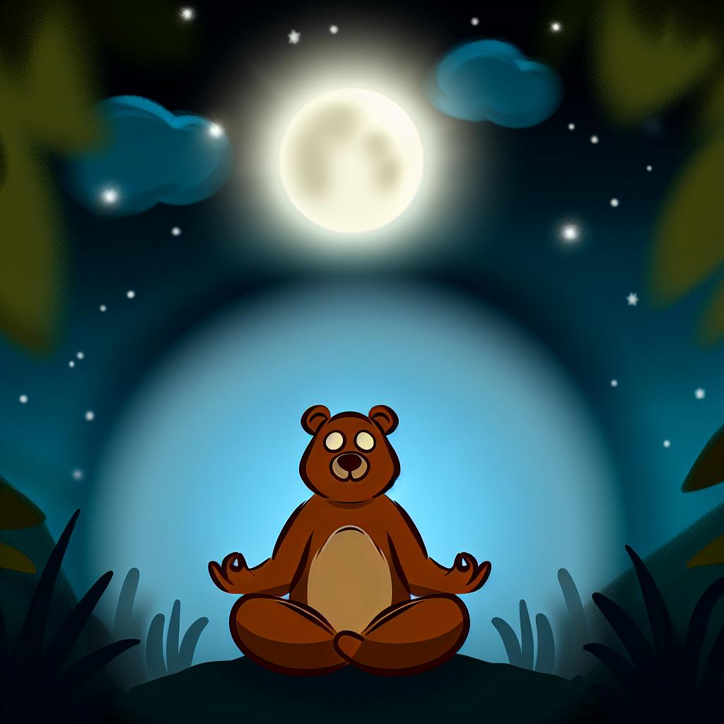 "A spiritual cartoon bear meditating under a glowing moon."