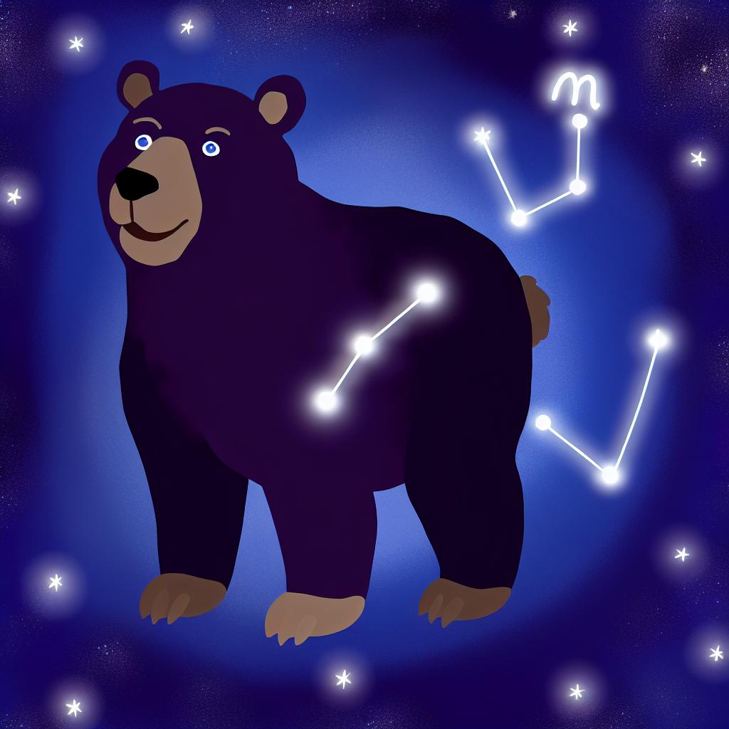 "A Zodiac-themed cartoon bear with star constellations in the background."