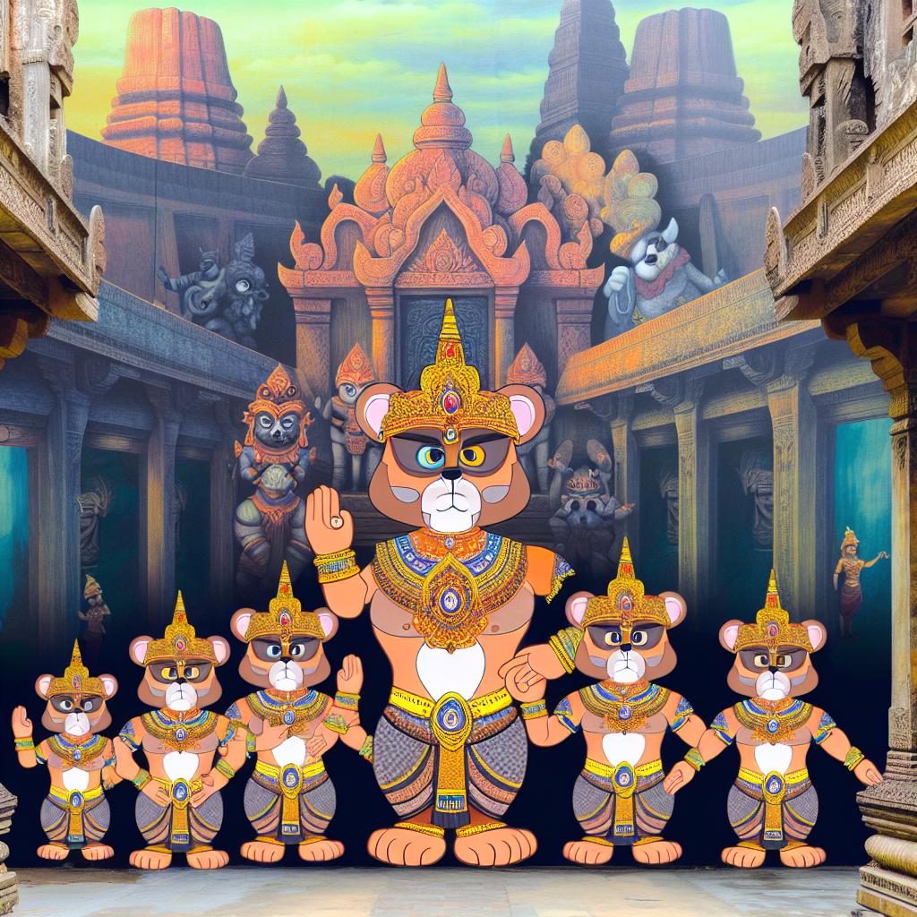 "A temple scene with cartoon bears as deities in ancient culture."