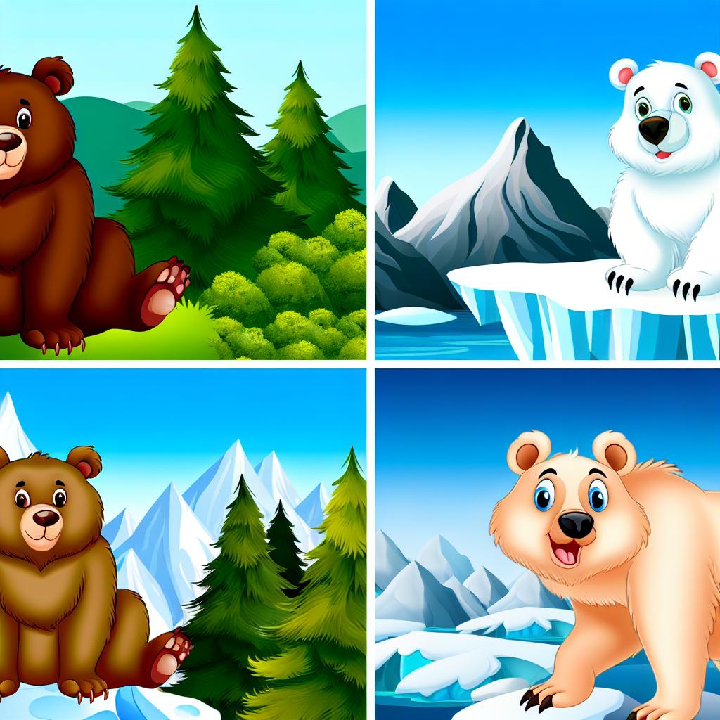 "Cartoon bears in various habitats like forests, mountains, and the Arctic."