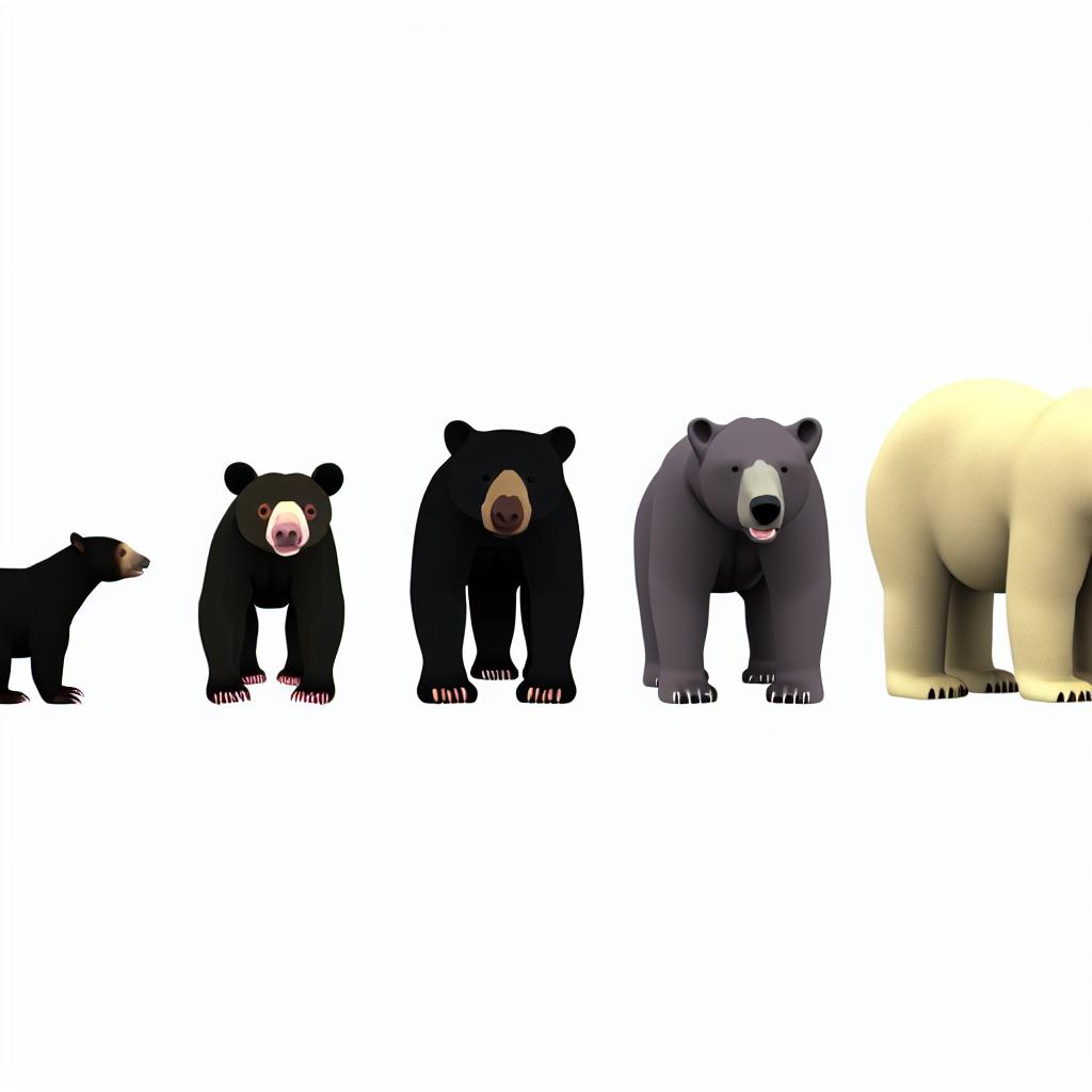 "A lineup of cartoon bears comparing their sizes, from small sun bear to giant polar bear."