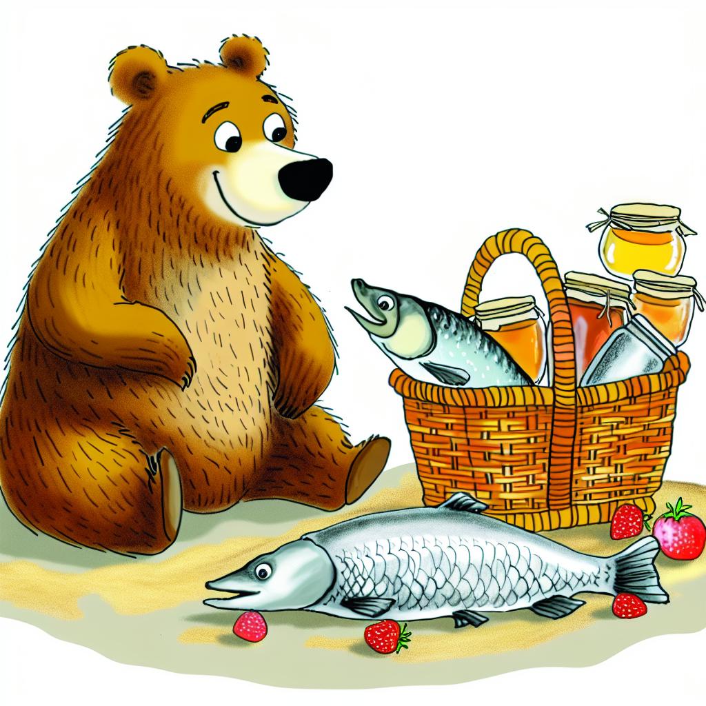 "A cartoon bear with a picnic basket filled with its natural diet, like fish, honey, and berries."