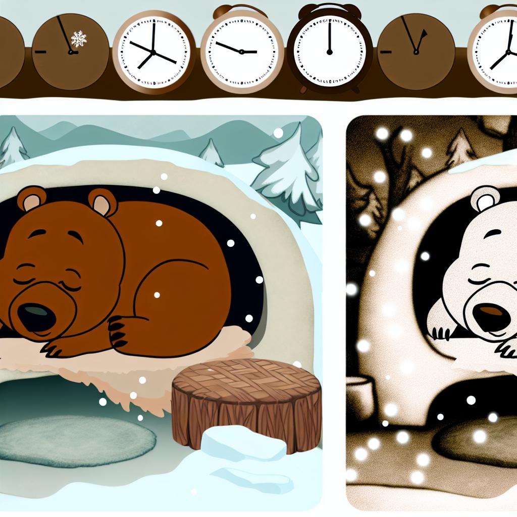 "A sleepy cartoon bear curled up in a den, surrounded by snowflakes and clocks showing hibernation time."